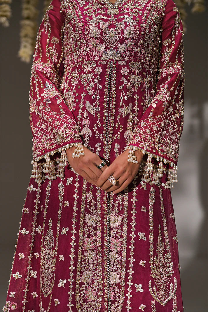 Kaya- Magenta festive ensemble with raw silk pants and organza dupatta By- Saad Bin Shahzad