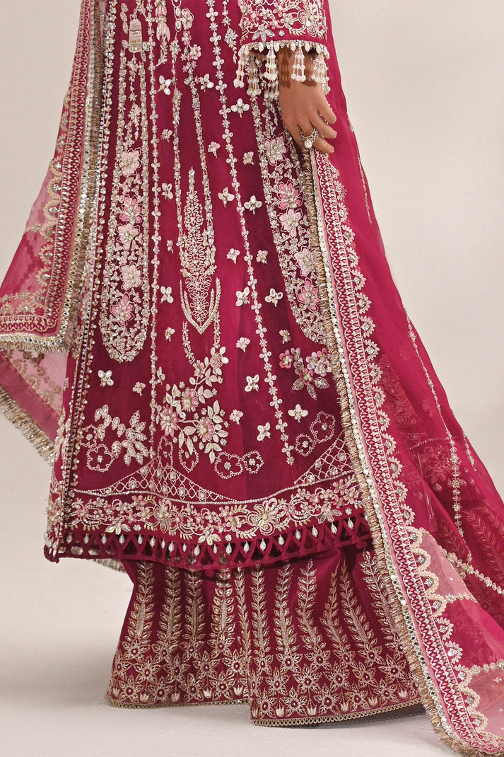 Kaya- Magenta festive ensemble with raw silk pants and organza dupatta By- Saad Bin Shahzad