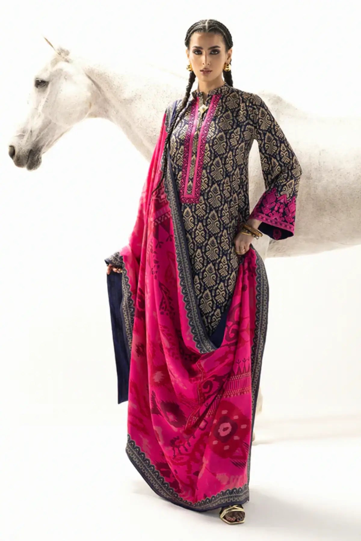 Zainab Chottani Kesia fuchsia winter shawl ensemble with Marina twill suit, available online at Pakistanimoda.