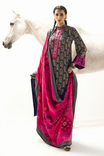 Zainab Chottani Kesia fuchsia winter shawl ensemble with Marina twill suit, available online at Pakistanimoda.
