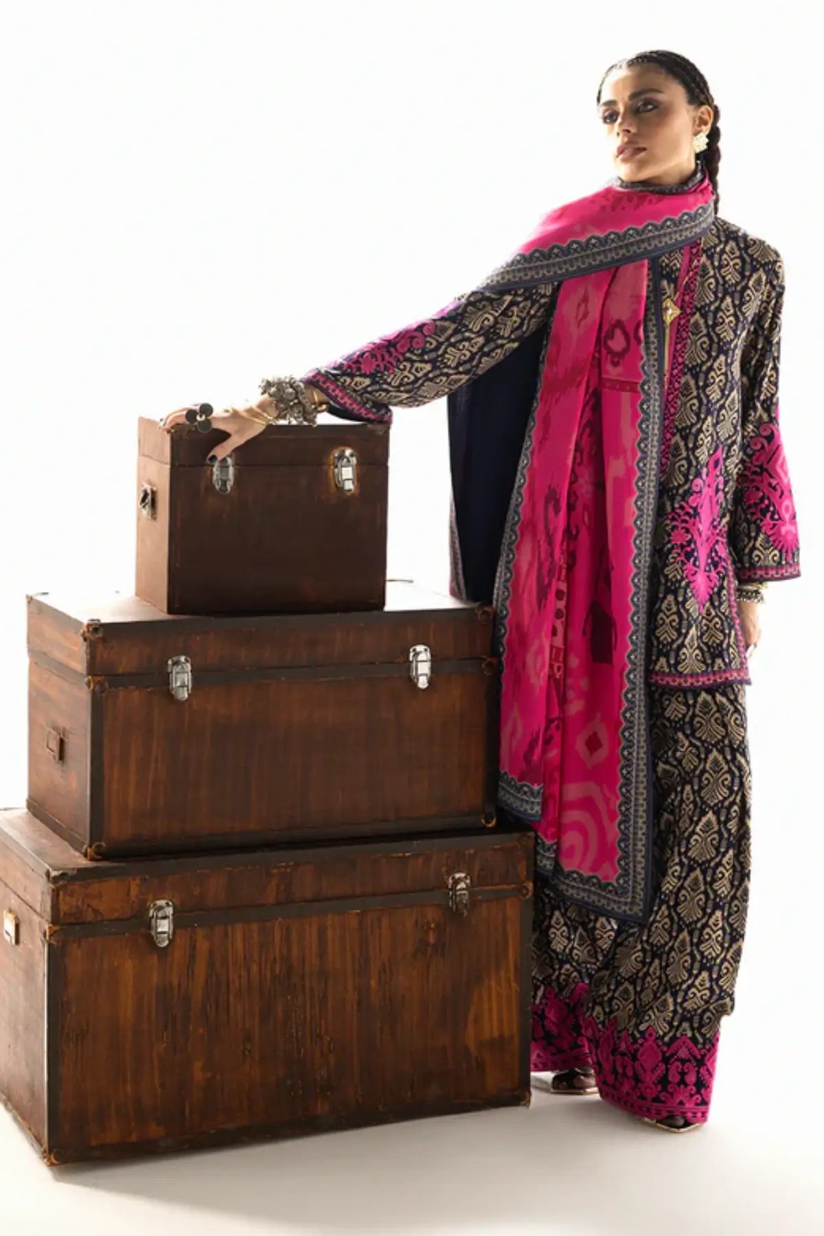 Zainab Chottani Kesia fuchsia winter shawl ensemble with Marina twill suit, available online at Pakistanimoda.