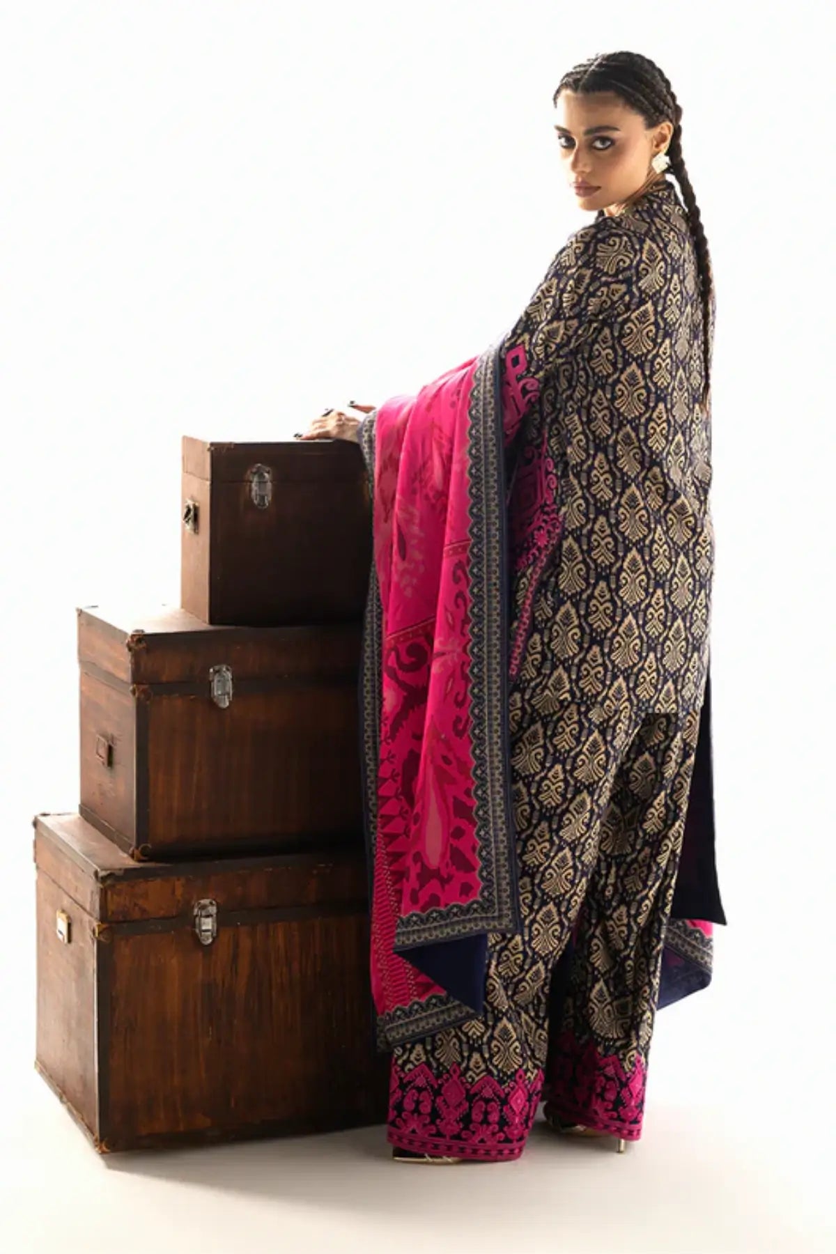 Zainab Chottani Kesia fuchsia winter shawl ensemble with Marina twill suit, available online at Pakistanimoda.