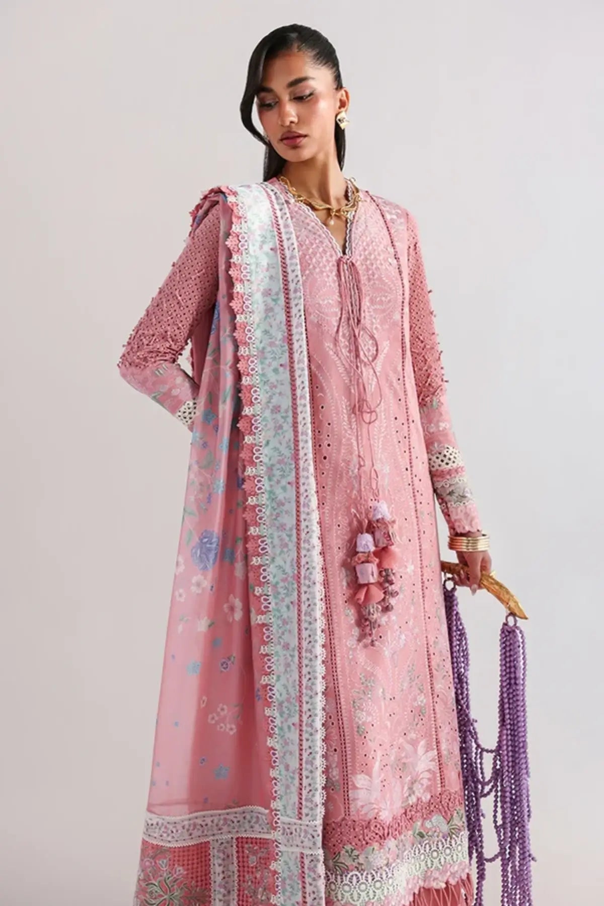 Kesira pink Summer Eid lawn stitched 3PC suit by Suffuse with printed silk dupatta