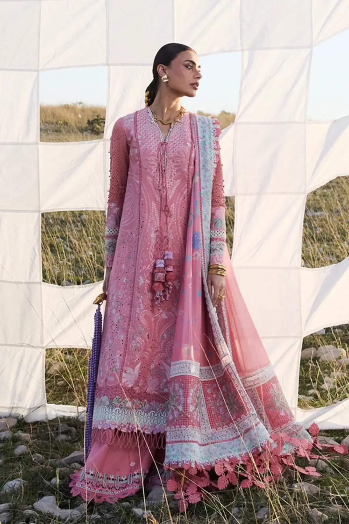 Kesira pink Summer Eid lawn stitched 3PC suit by Suffuse with printed silk dupatta