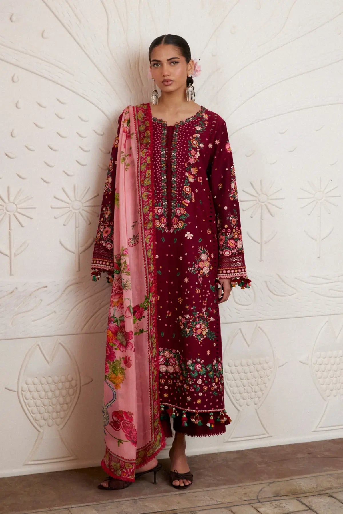Kestane maroon floral embroidered lawn suit with chiffon dupatta by Hussain Rehar Pakistanimoda