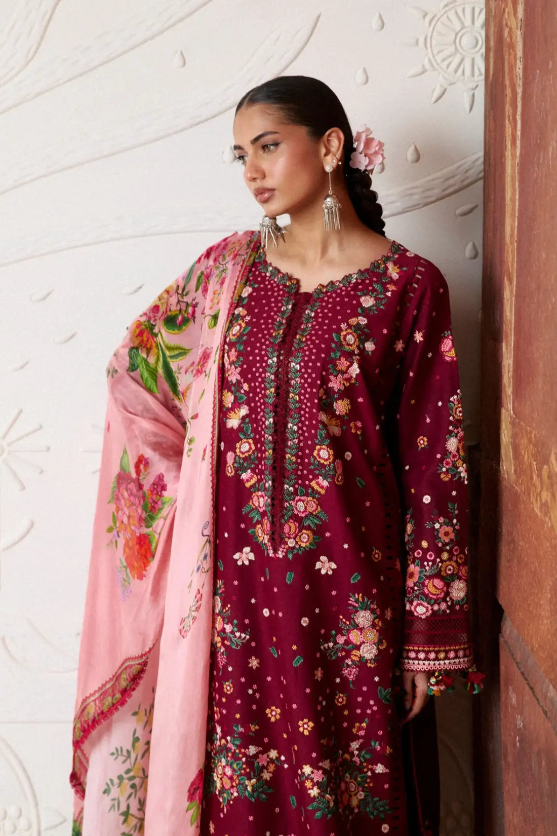Kestane maroon floral embroidered lawn suit with chiffon dupatta by Hussain Rehar Pakistanimoda
