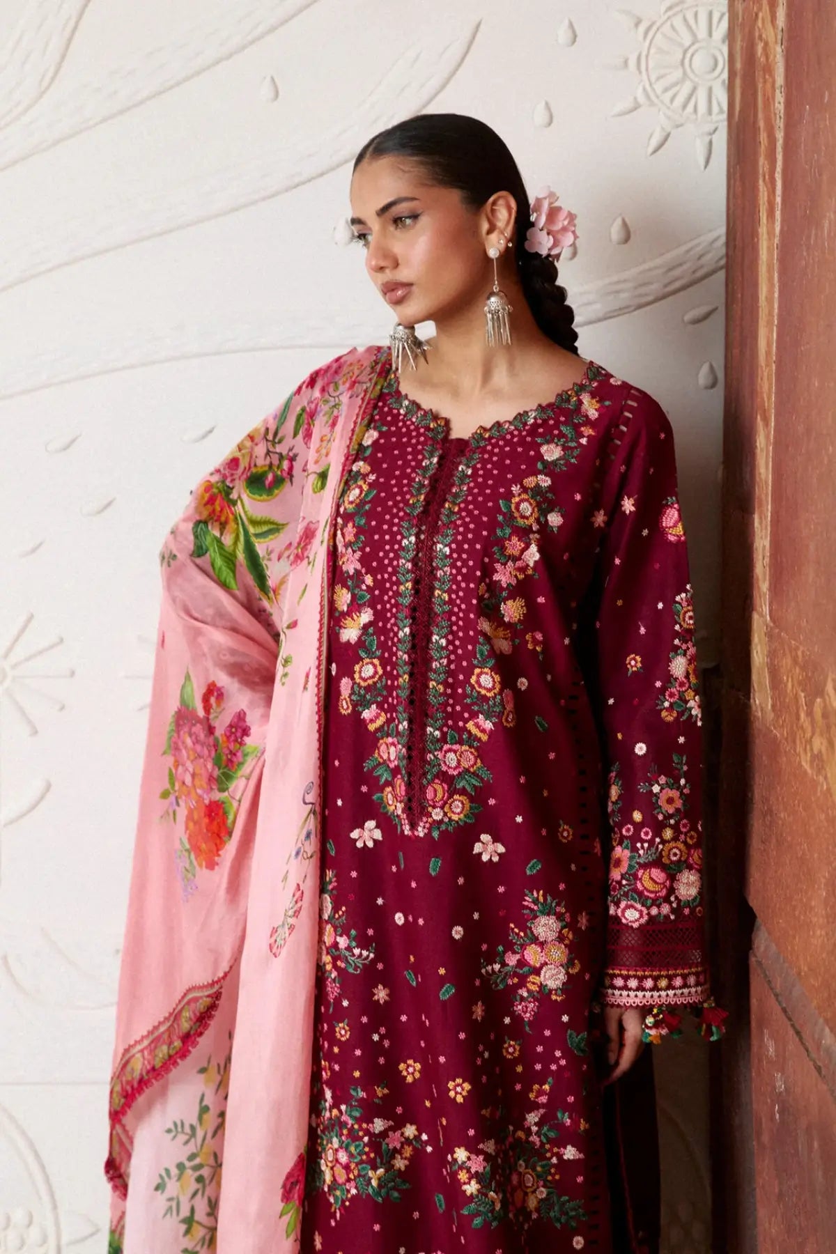 Kestane maroon floral embroidered lawn suit with chiffon dupatta by Hussain Rehar Pakistanimoda