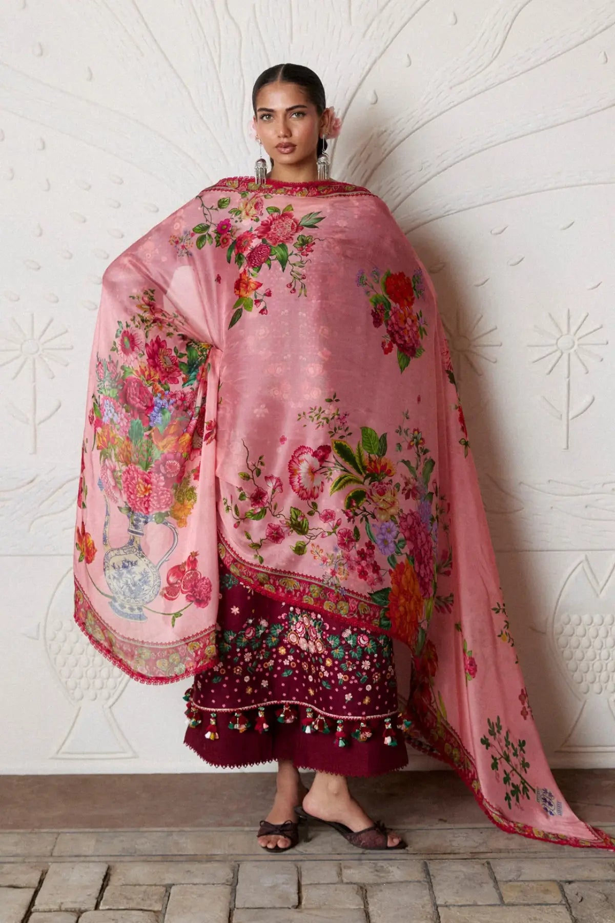Kestane maroon floral embroidered lawn suit with chiffon dupatta by Hussain Rehar Pakistanimoda