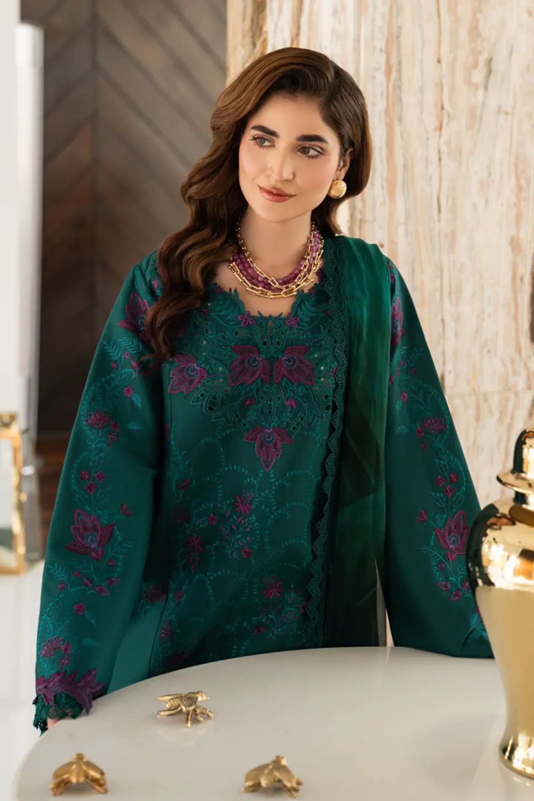 Keya Emerald Pakistani designer Eid lawn suit by Rang Rasiya Carnation Eid Edit 2026 with chiffon dupatta
