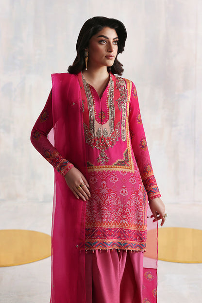 Shocking pink Pakistani printed grip shirt with Korean silk pants and organza dupatta – festive Eid outfit for women in USA, UK, and Canada.