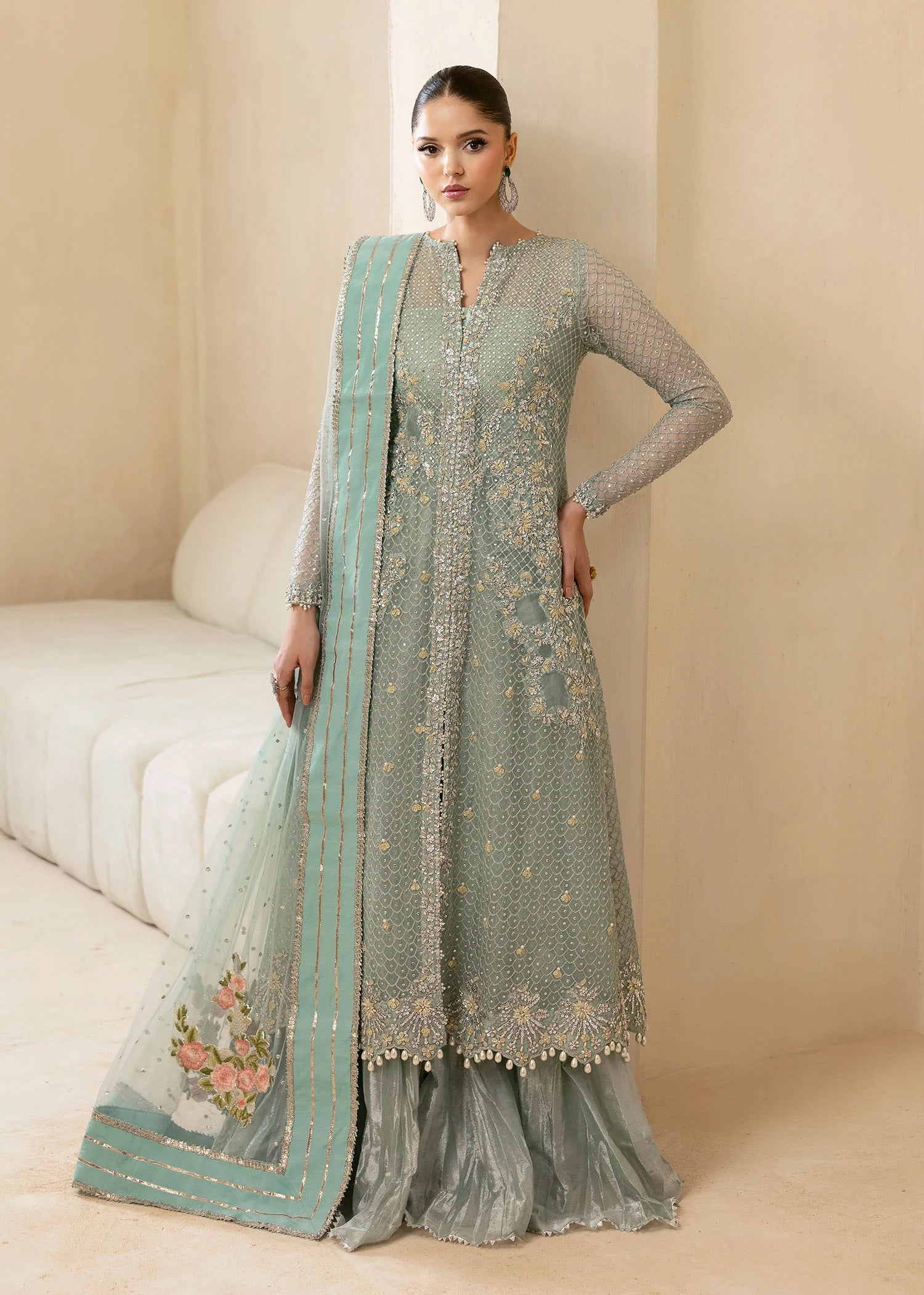 Powder blue Pakistani sharara suit with hand embroidery – Keyara by Pakistanimoda