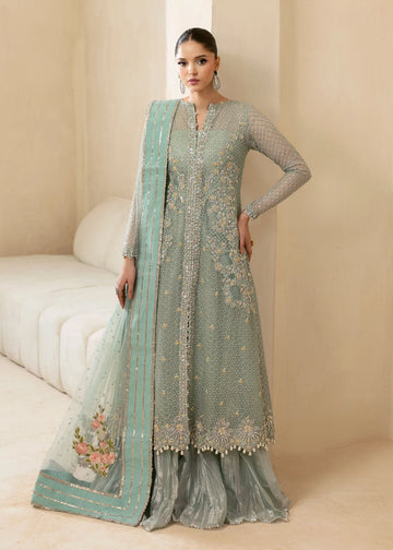 Powder blue Pakistani sharara suit with hand embroidery – Keyara by Pakistanimoda