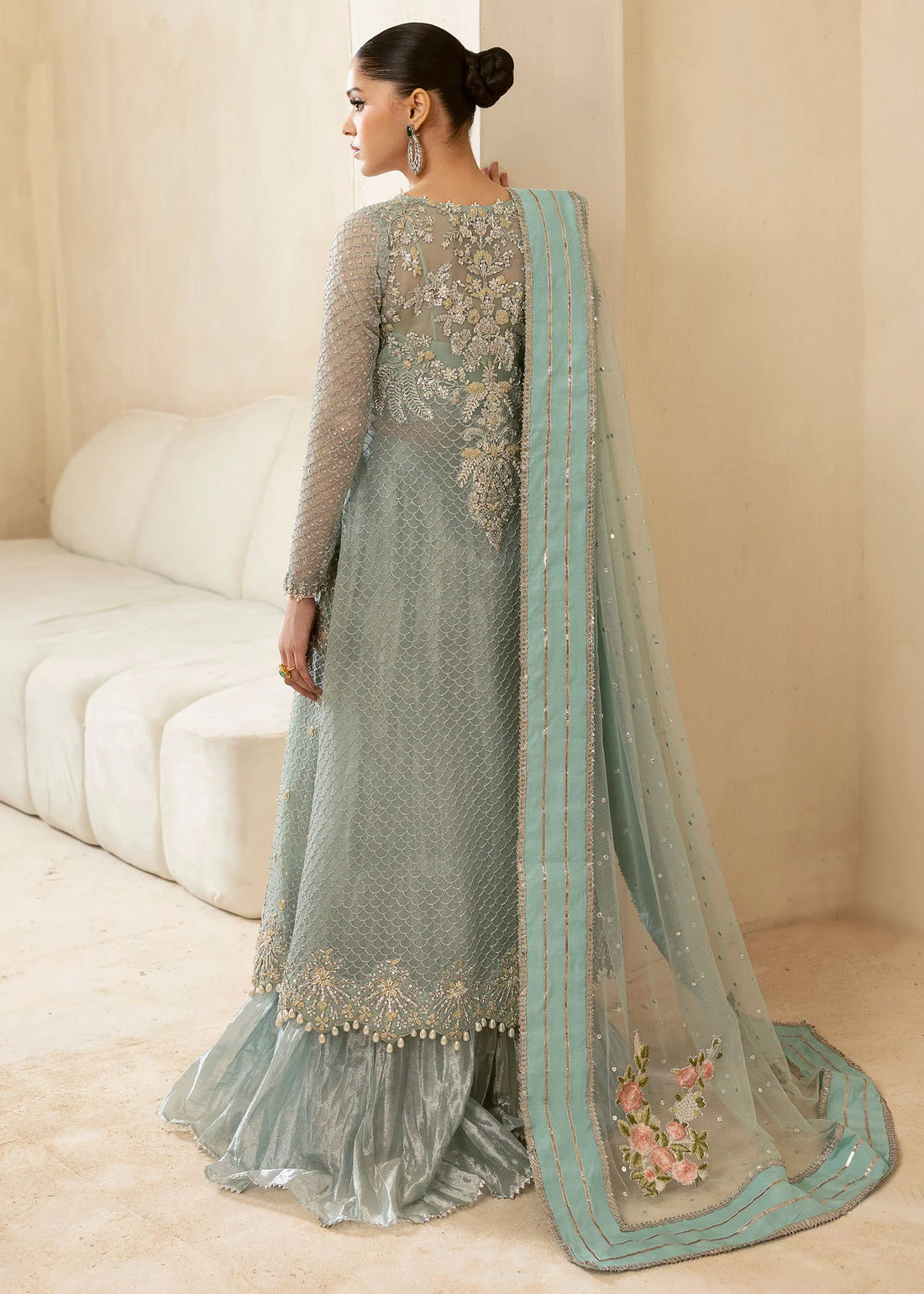 Powder blue Pakistani sharara suit with hand embroidery – Keyara by Pakistanimoda