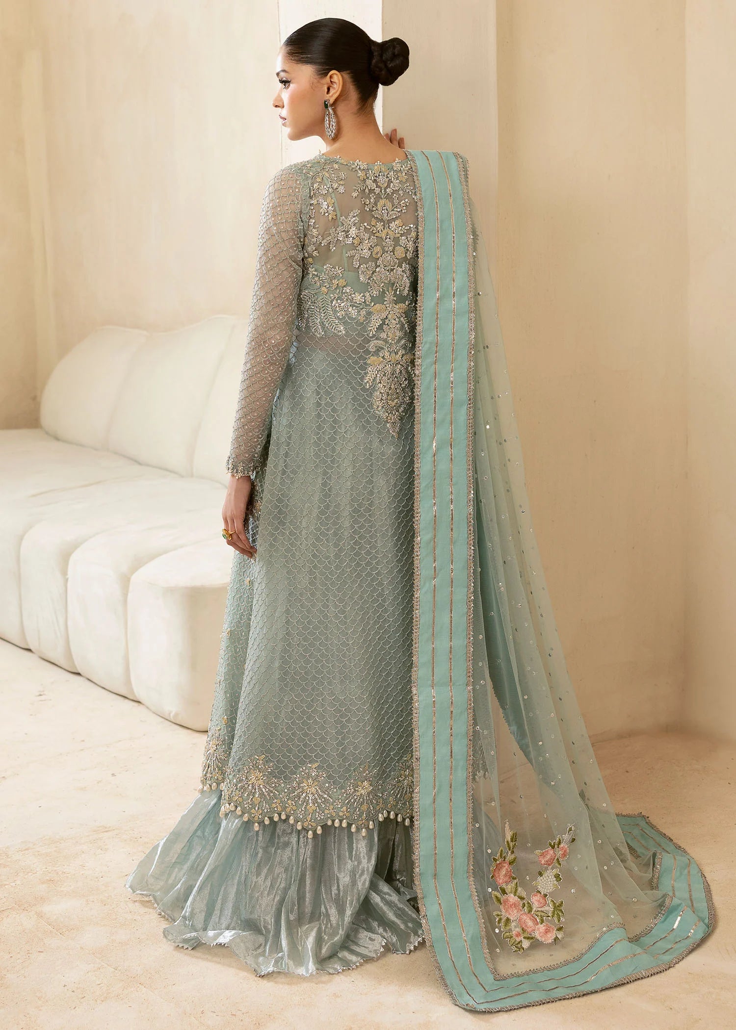 Powder blue Pakistani sharara suit with hand embroidery – Keyara by Pakistanimoda