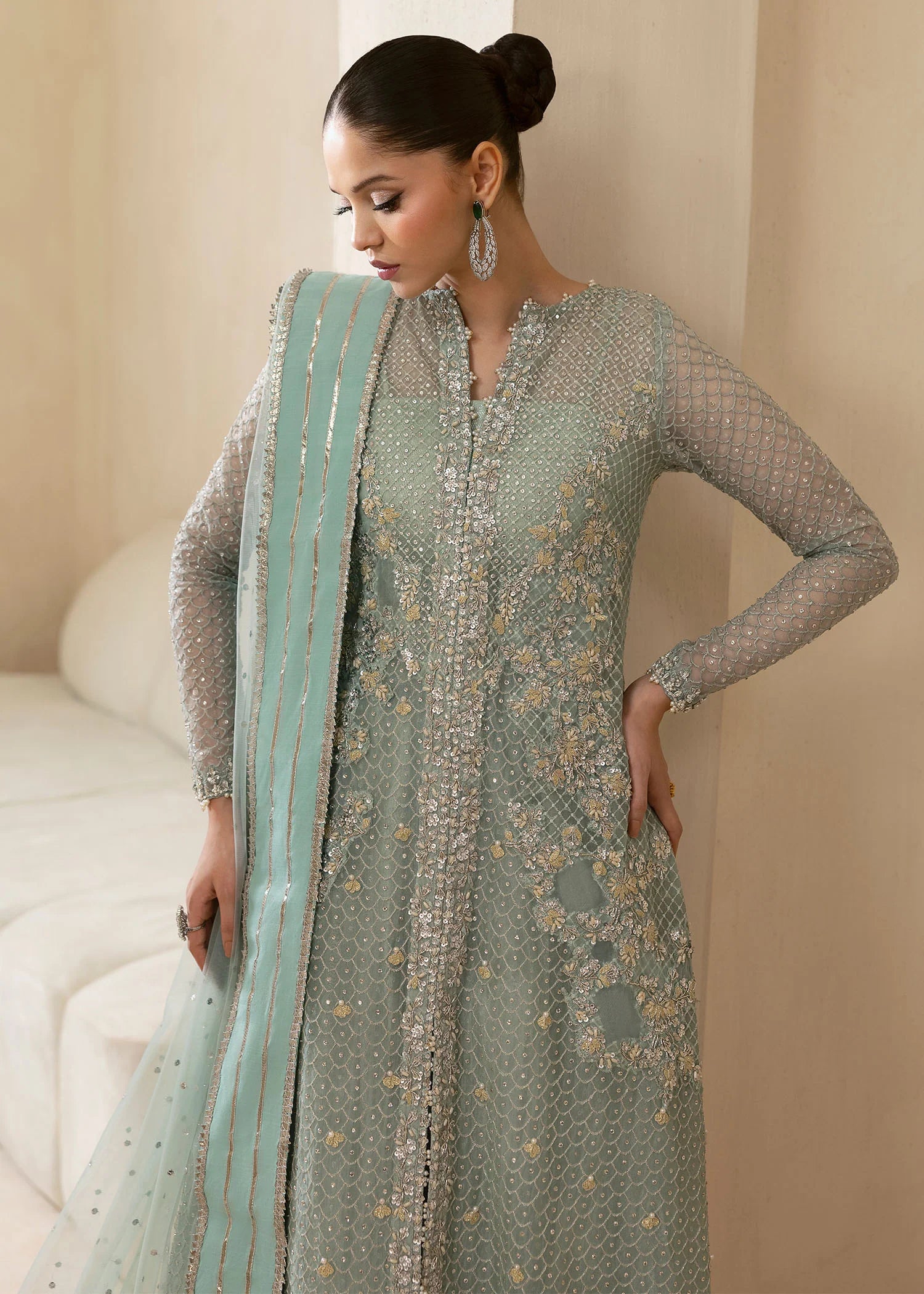Powder blue Pakistani sharara suit with hand embroidery – Keyara by Pakistanimoda