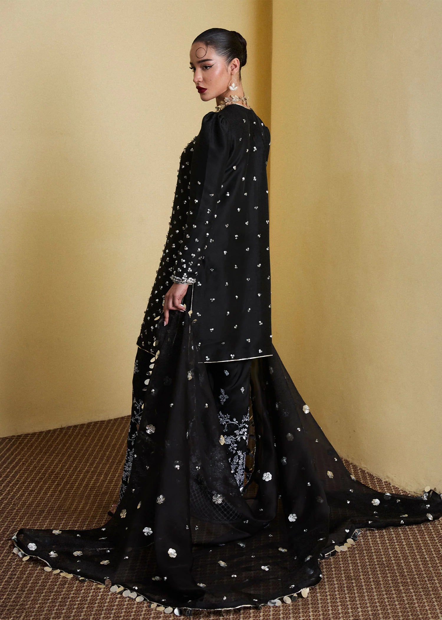 Kiara- Designer Luxe Jet Black Farshi Shalwar Outfit By - Hussain Rehar