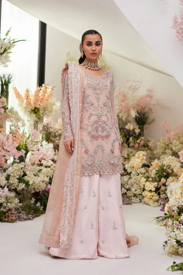 Kiara Blush Pink Handmade Net Pakistani Nikkah Formal Shirt with Silver Hand Embellishments, Raw Silk Dhaka Pants and Lame Tissue Dupatta