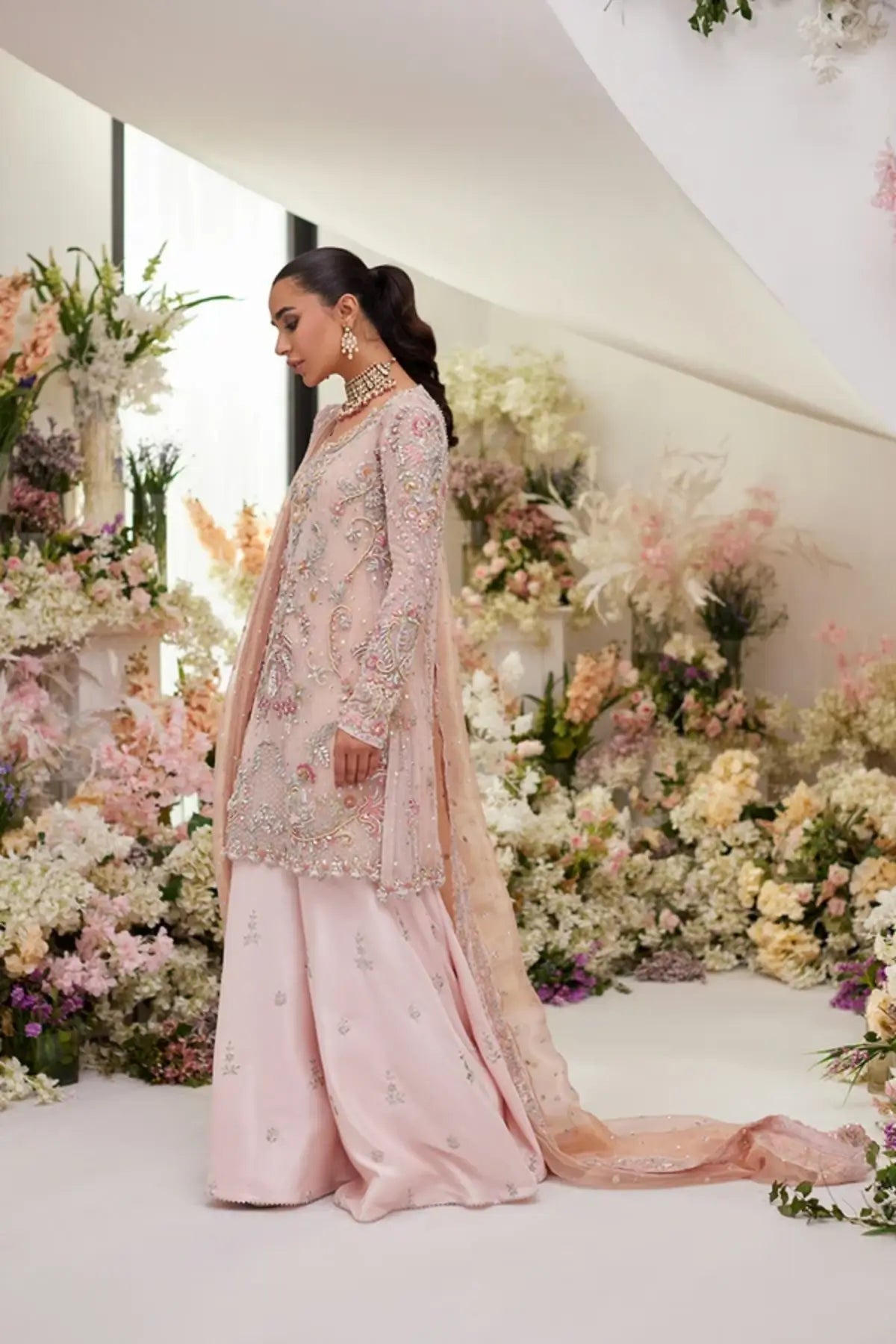 Kiara Blush Pink Handmade Net Pakistani Nikkah Formal Shirt with Silver Hand Embellishments, Raw Silk Dhaka Pants and Lame Tissue Dupatta