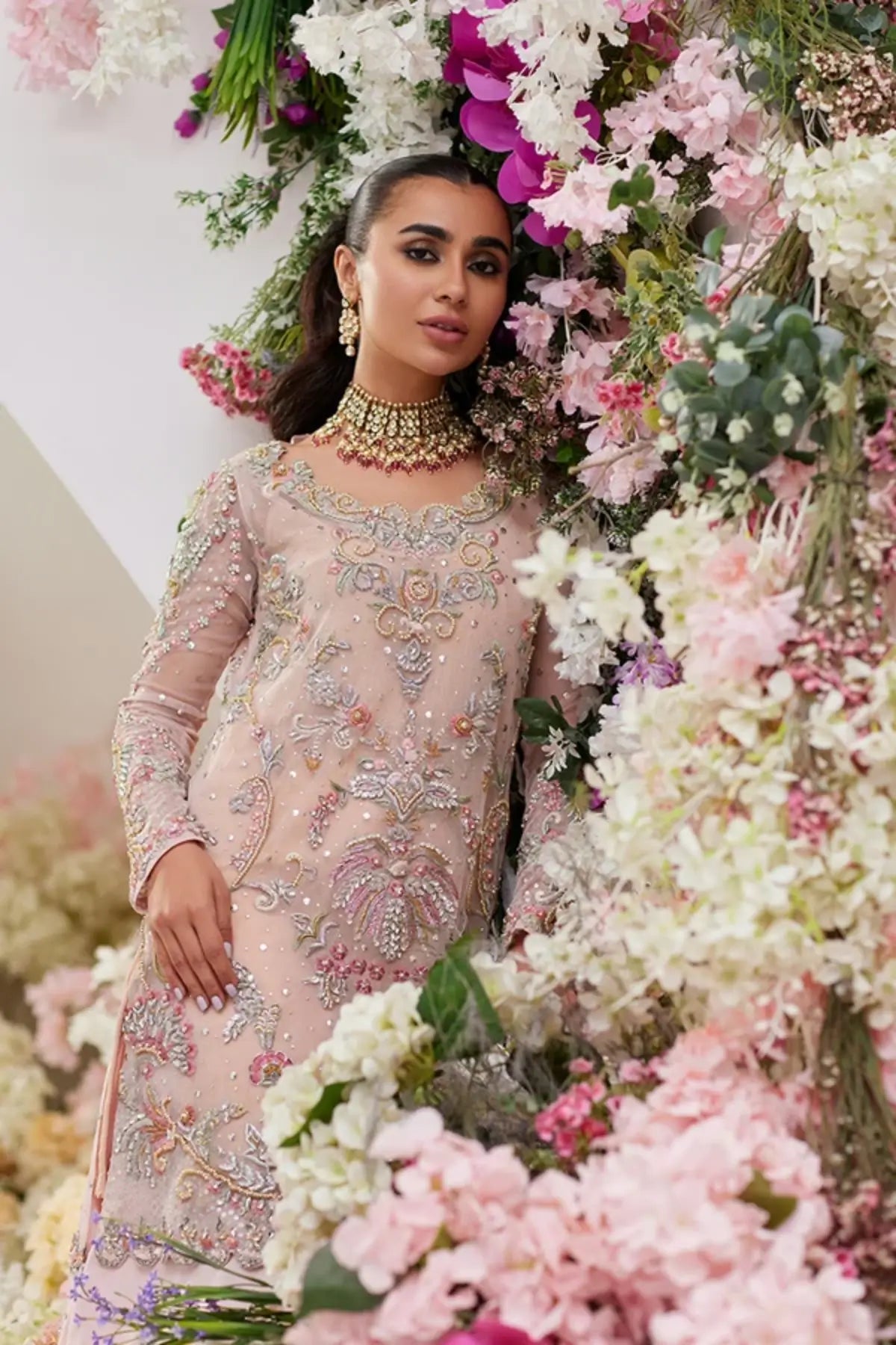 Kiara Blush Pink Handmade Net Pakistani Nikkah Formal Shirt with Silver Hand Embellishments, Raw Silk Dhaka Pants and Lame Tissue Dupatta