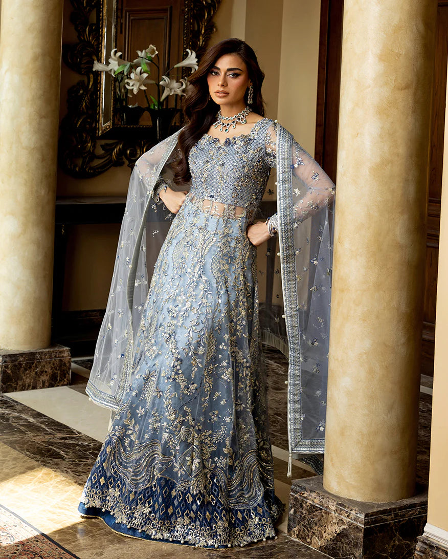 Kiara ice blue stitched net maxi with printed silk trousers and sequined net dupatta from Mushq Darlings Wedding Collection at Pakistanimoda.