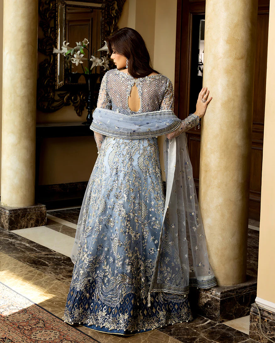 Kiara ice blue stitched net maxi with printed silk trousers and sequined net dupatta from Mushq Darlings Wedding Collection at Pakistanimoda.