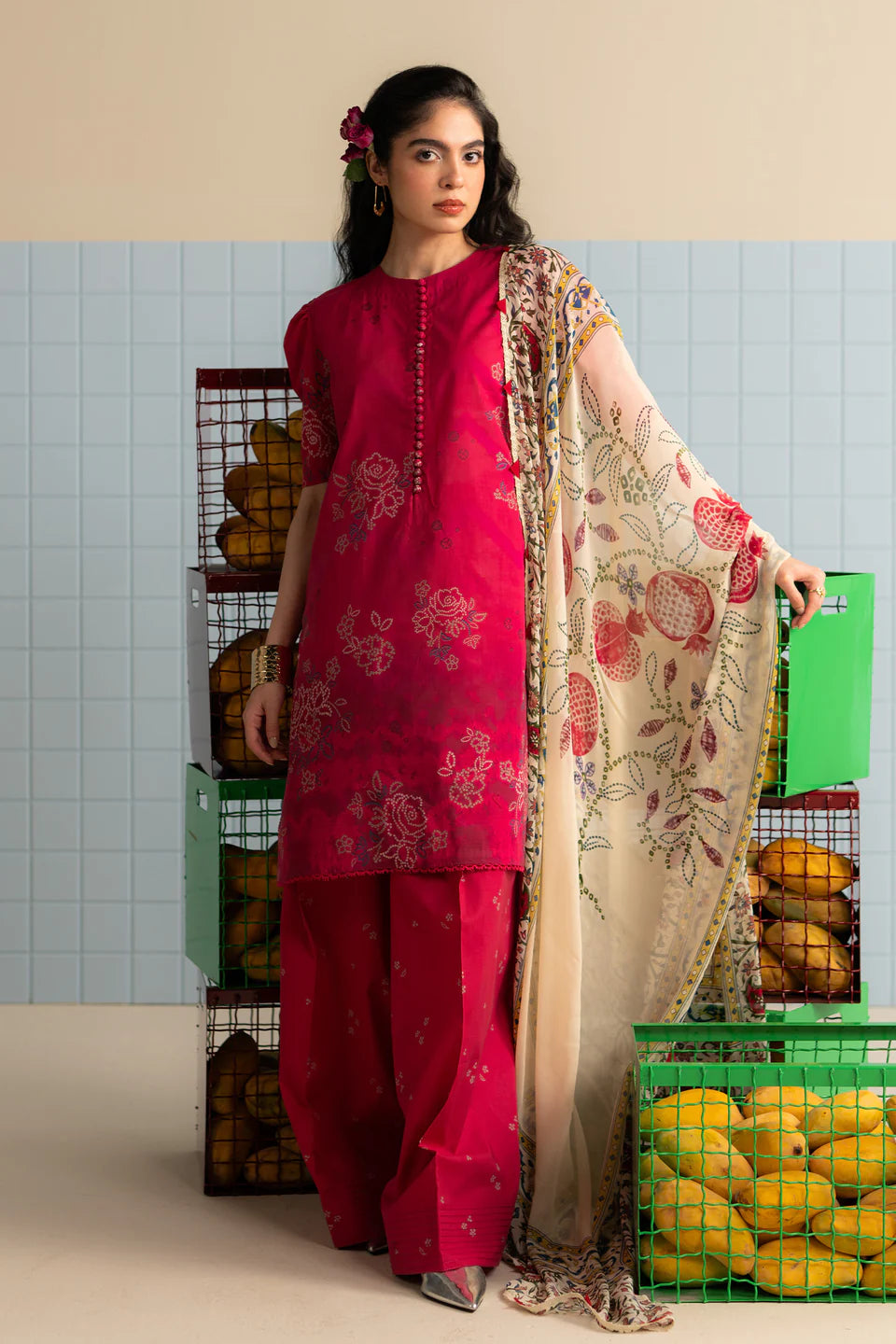 Kina-6B – Hot Pink Stitched Lawn Suit with Chiffon Dupatta