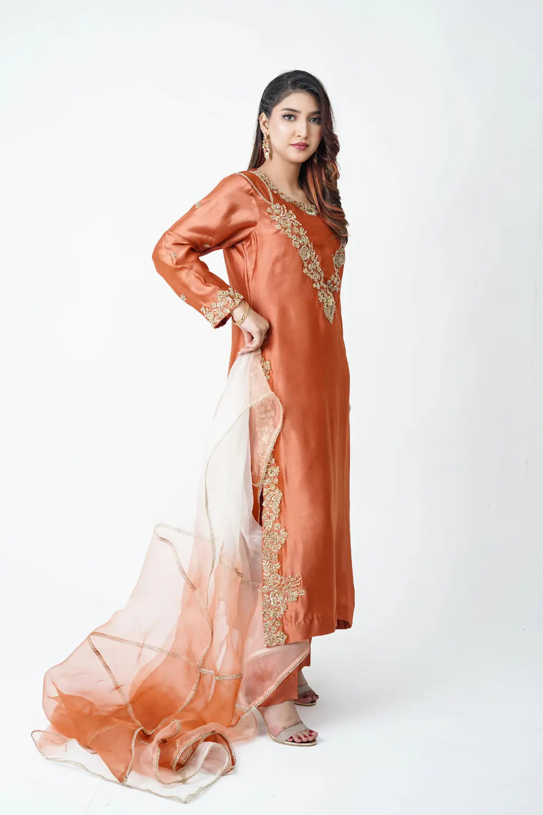 Kinza rust hand embellished sheeasha silk ethnic party wear with organza gotta dupatta by MariamRaj