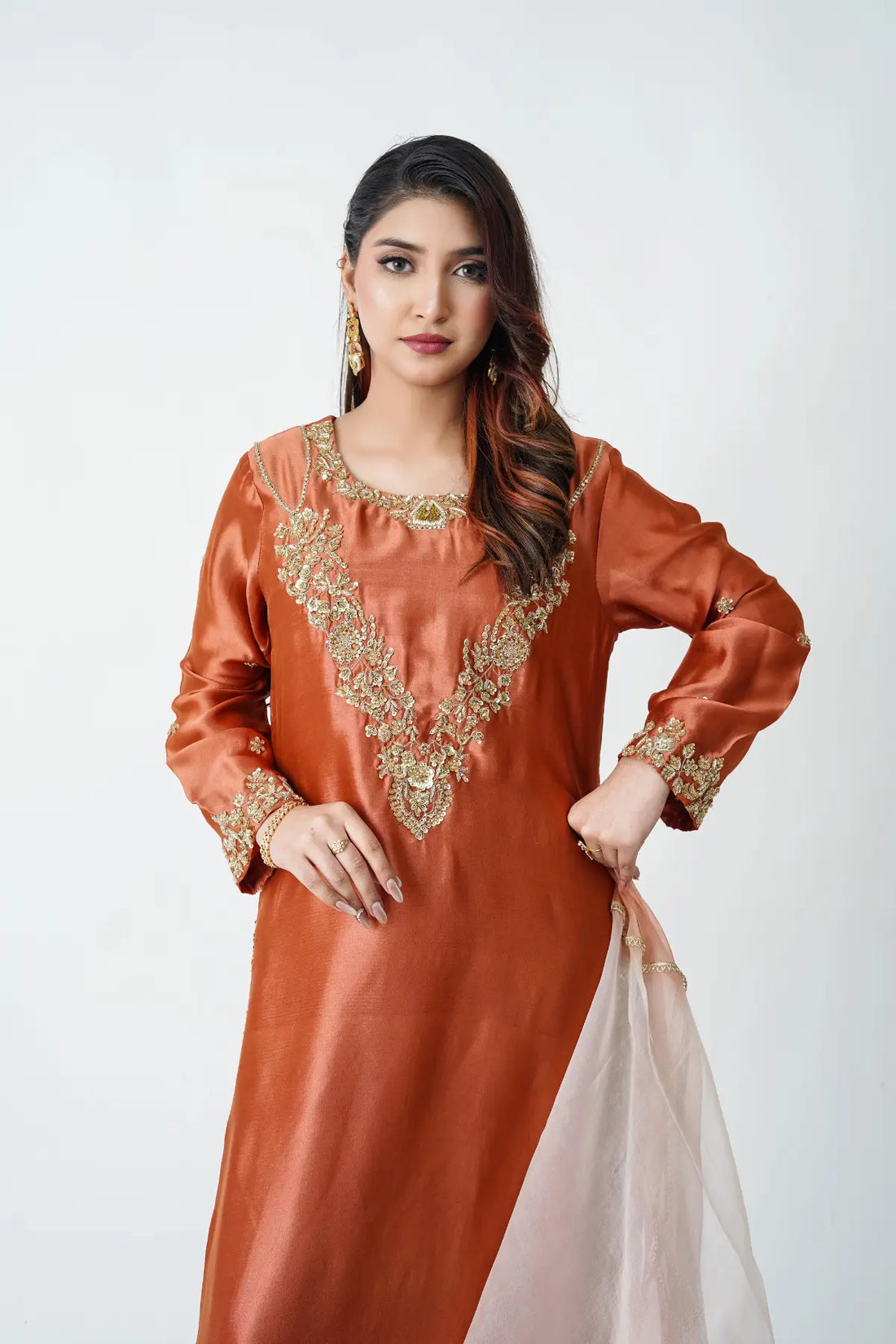 Kinza rust hand embellished sheeasha silk ethnic party wear with organza gotta dupatta by MariamRaj