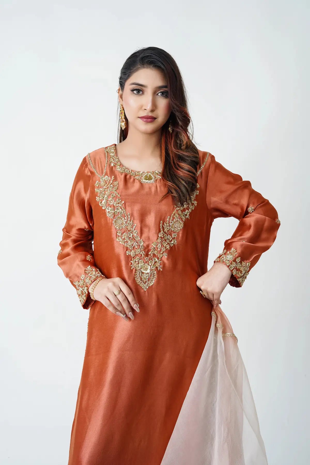 Kinza rust hand embellished sheesha silk ethnic party wear with organza gotta dupatta by MariamRaj