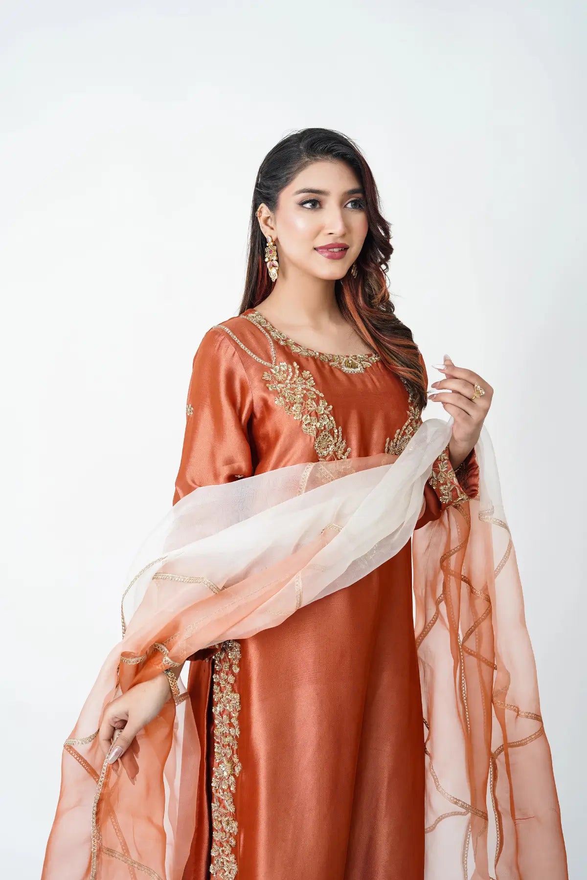 Kinza rust hand embellished sheesha silk ethnic party wear with organza gotta dupatta by MariamRaj