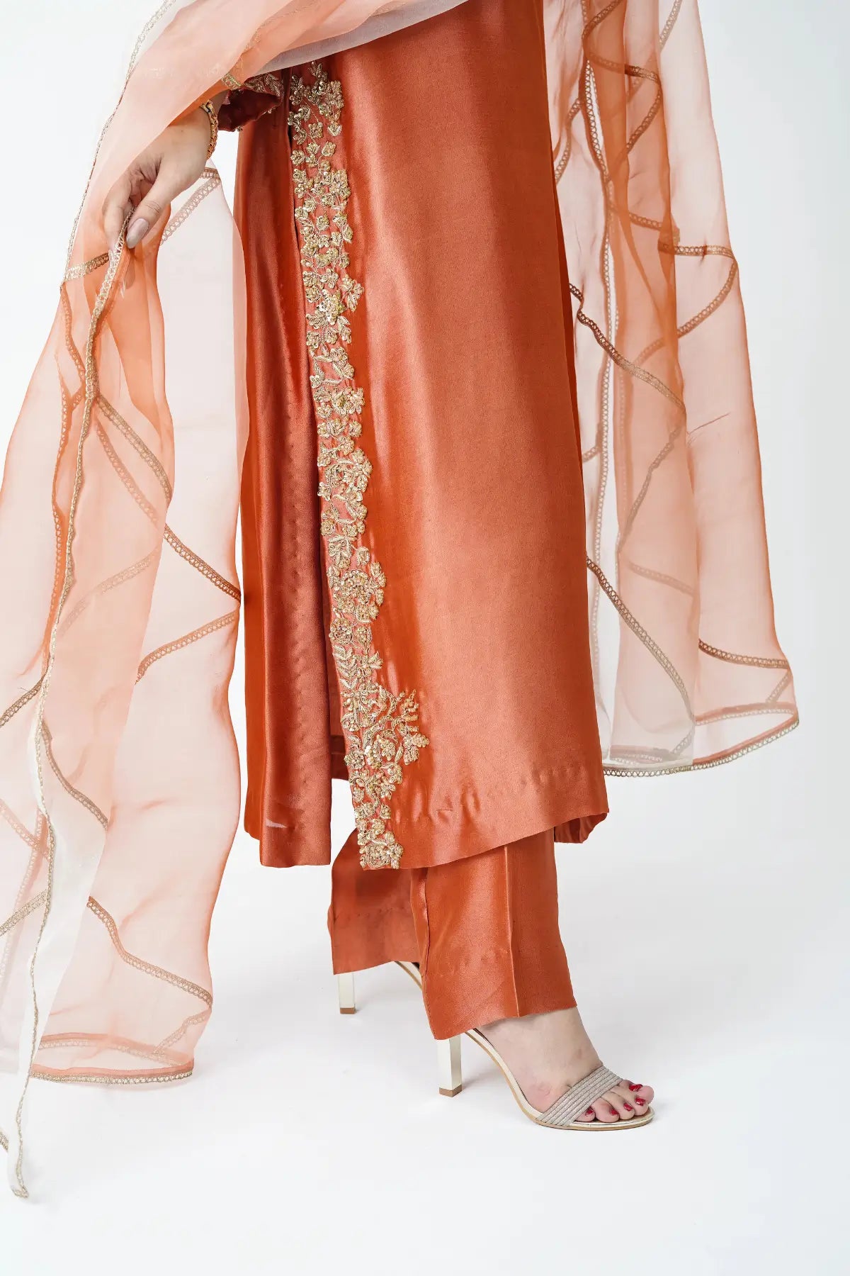 Kinza rust hand embellished sheesha silk ethnic party wear with organza gotta dupatta by MariamRaj