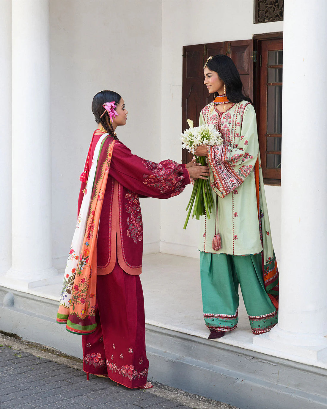 Kunar- Red Embroidered Ensemble By- Hussain Rehar