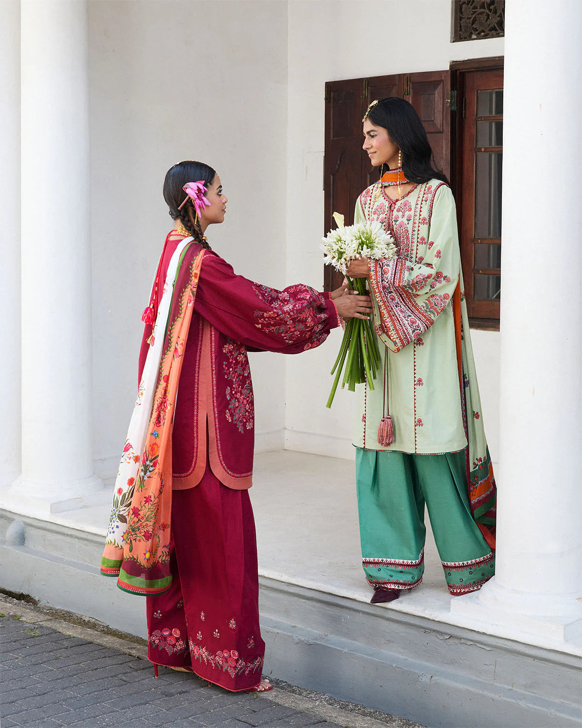 Kunar- Red Embroidered Ensemble By- Hussain Rehar