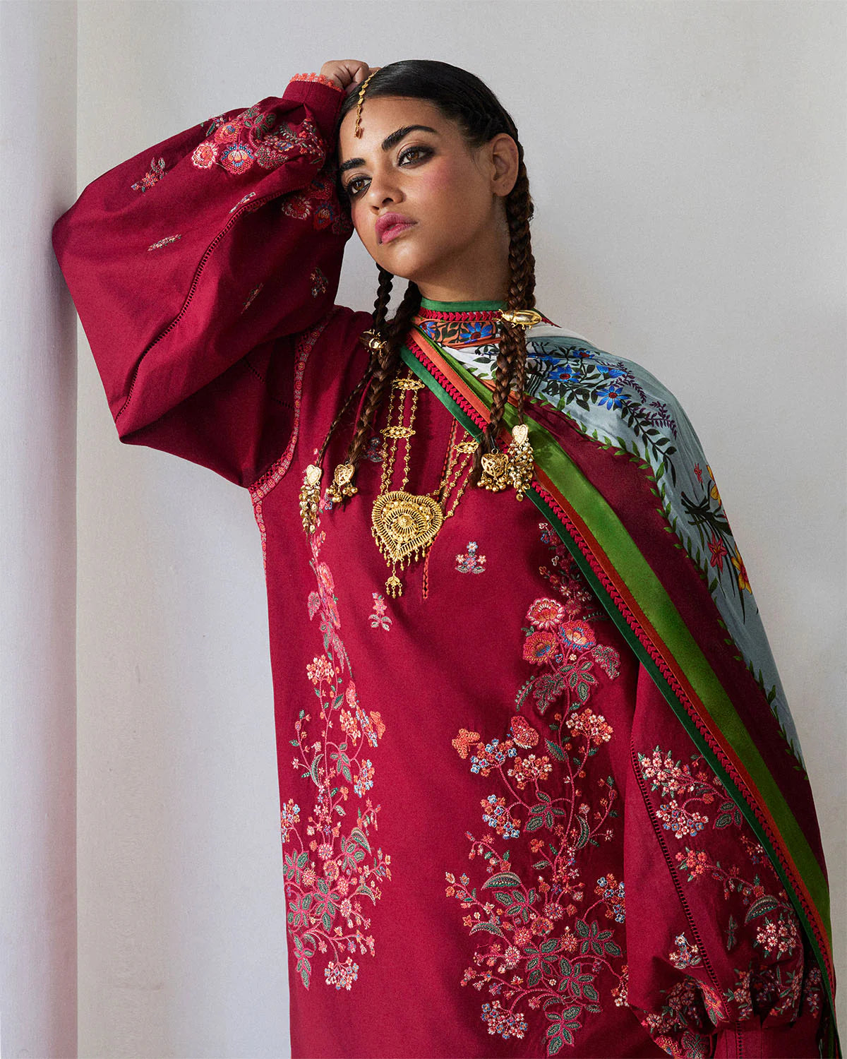 Kunar- Red Embroidered Ensemble By- Hussain Rehar