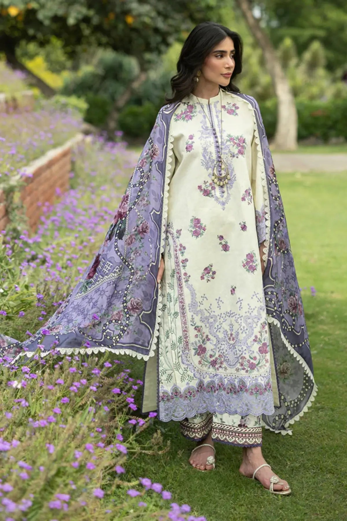 Kyra 04 cream floral stitched lawn suit with silk dupatta by Zainab Chottani Pakistanimoda