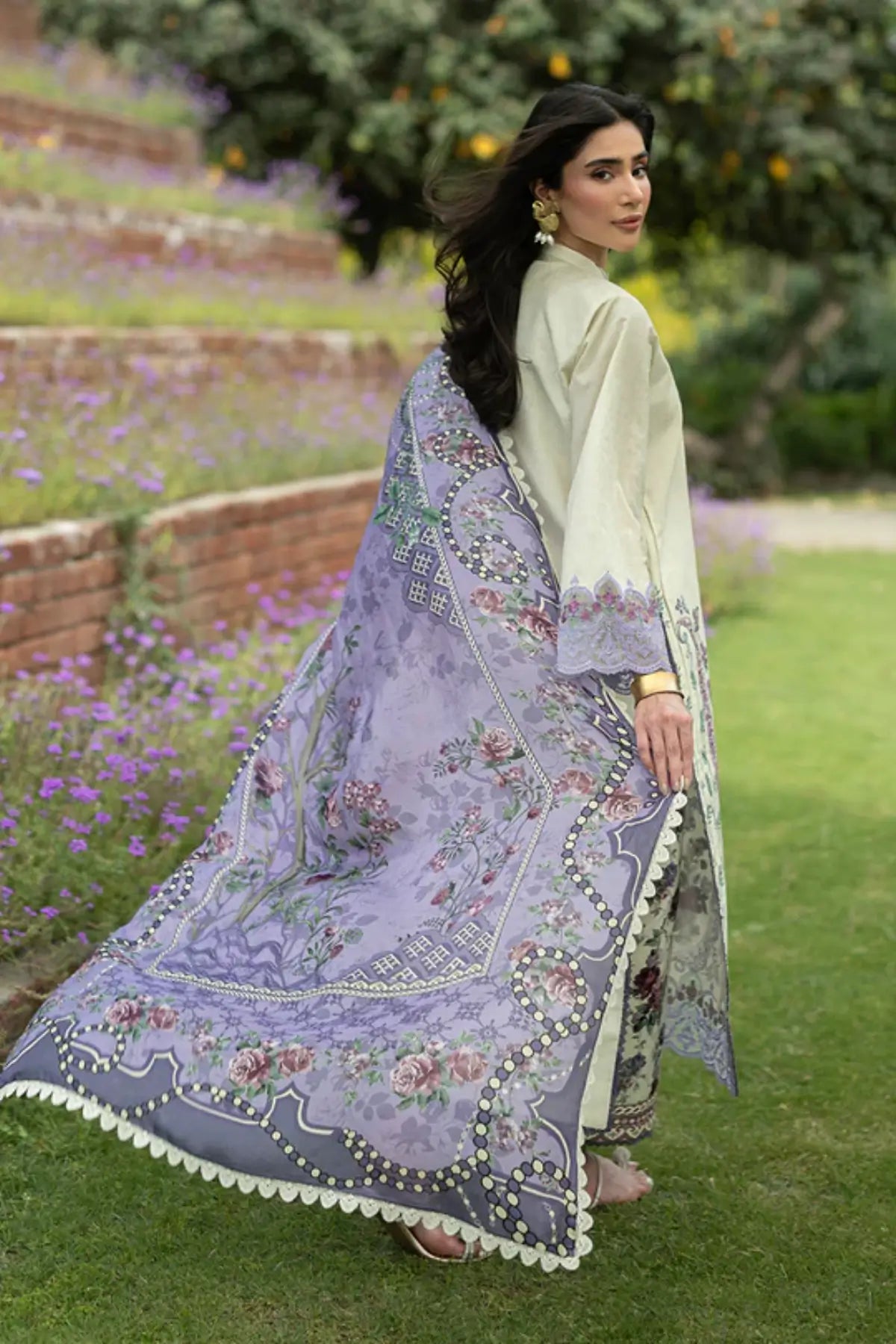 Kyra 04 cream floral stitched lawn suit with silk dupatta by Zainab Chottani Pakistanimoda