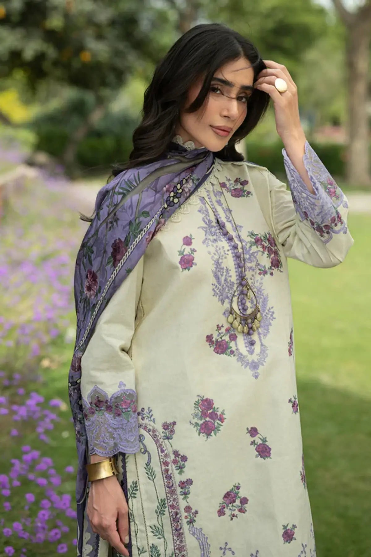 Kyra 04 cream floral stitched lawn suit with silk dupatta by Zainab Chottani Pakistanimoda