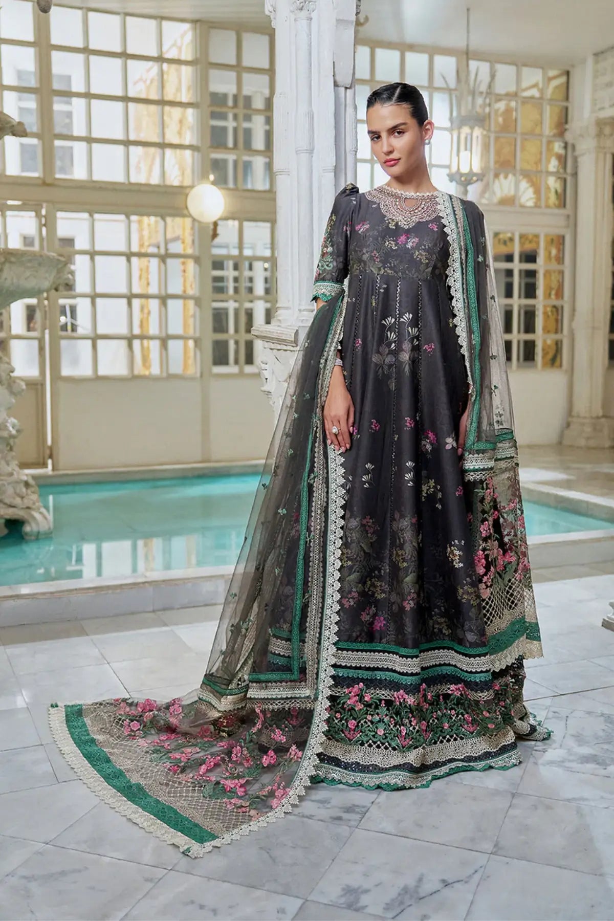 Black floral lawn Anarkali LEE26-10A by Sobia Nazir at Pakistanimoda