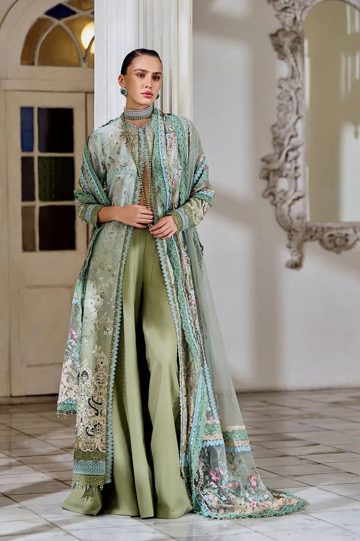 Sage green festive lawn suit LEE26-12A by Sobia Nazir available stitched at Pakistanimoda
