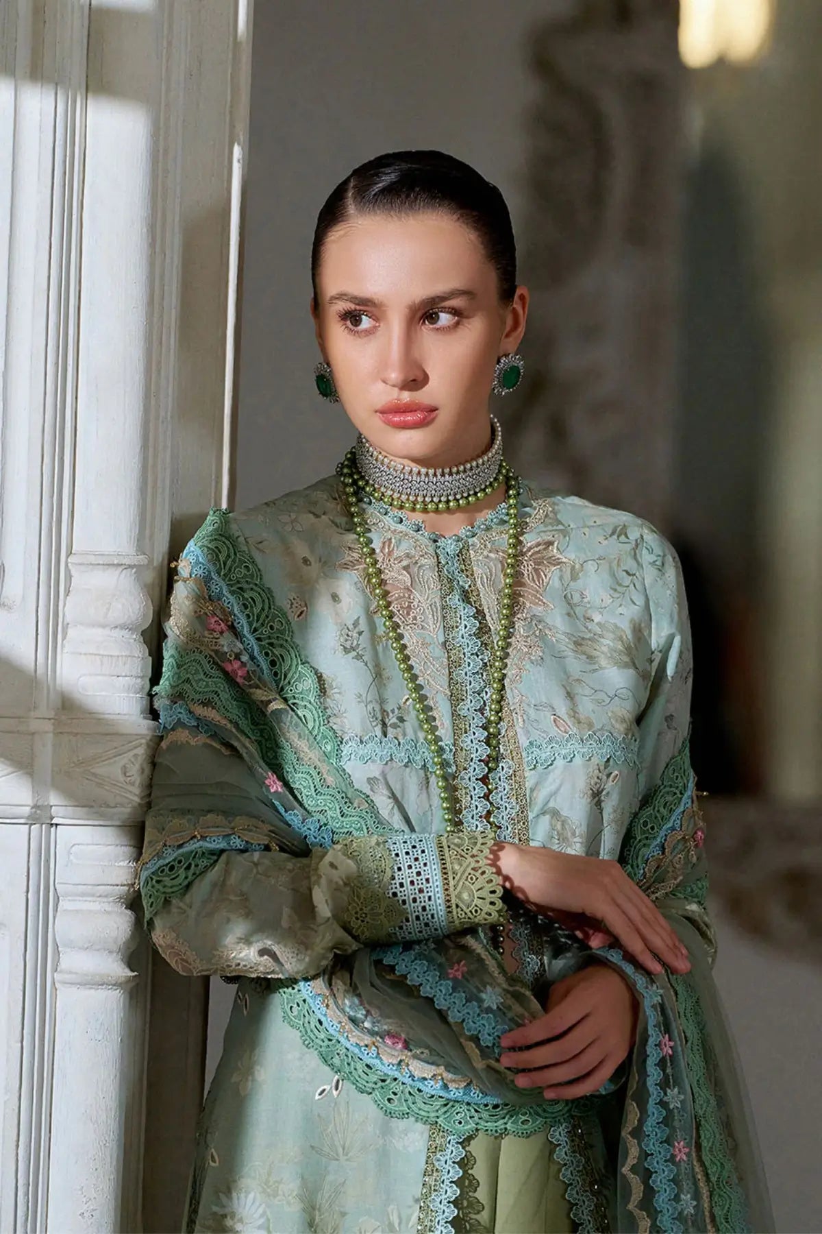 Sage green festive lawn suit LEE26-12A by Sobia Nazir available stitched at Pakistanimoda