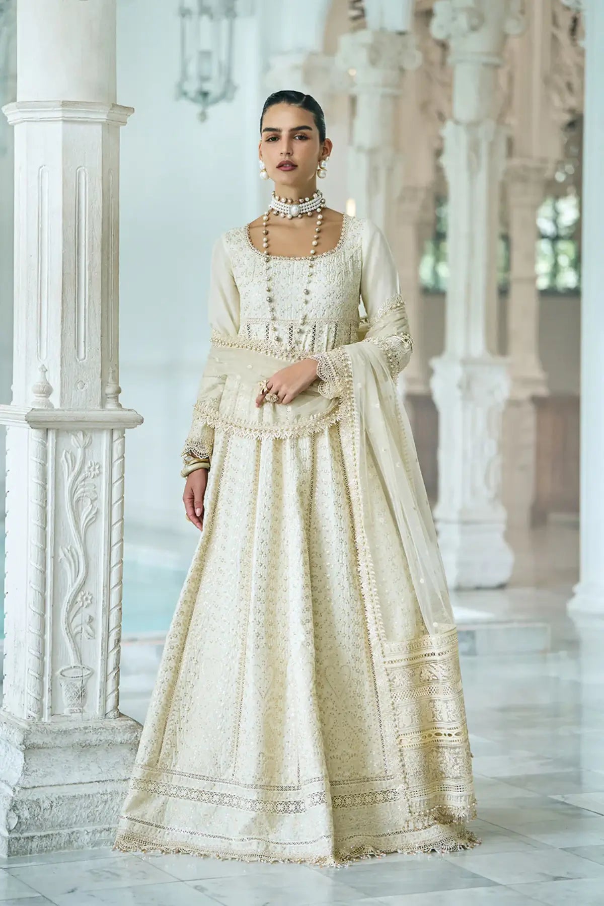 Sobia Nazir ivory luxury lawn stitched pishwas LEE26-1A with net dupatta