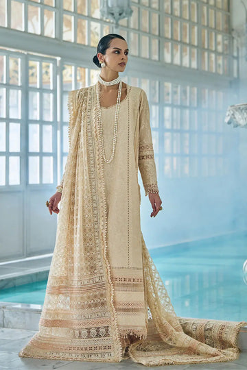 Sobia Nazir beige lawn stitched outfit LEE26-3A with net dupatta