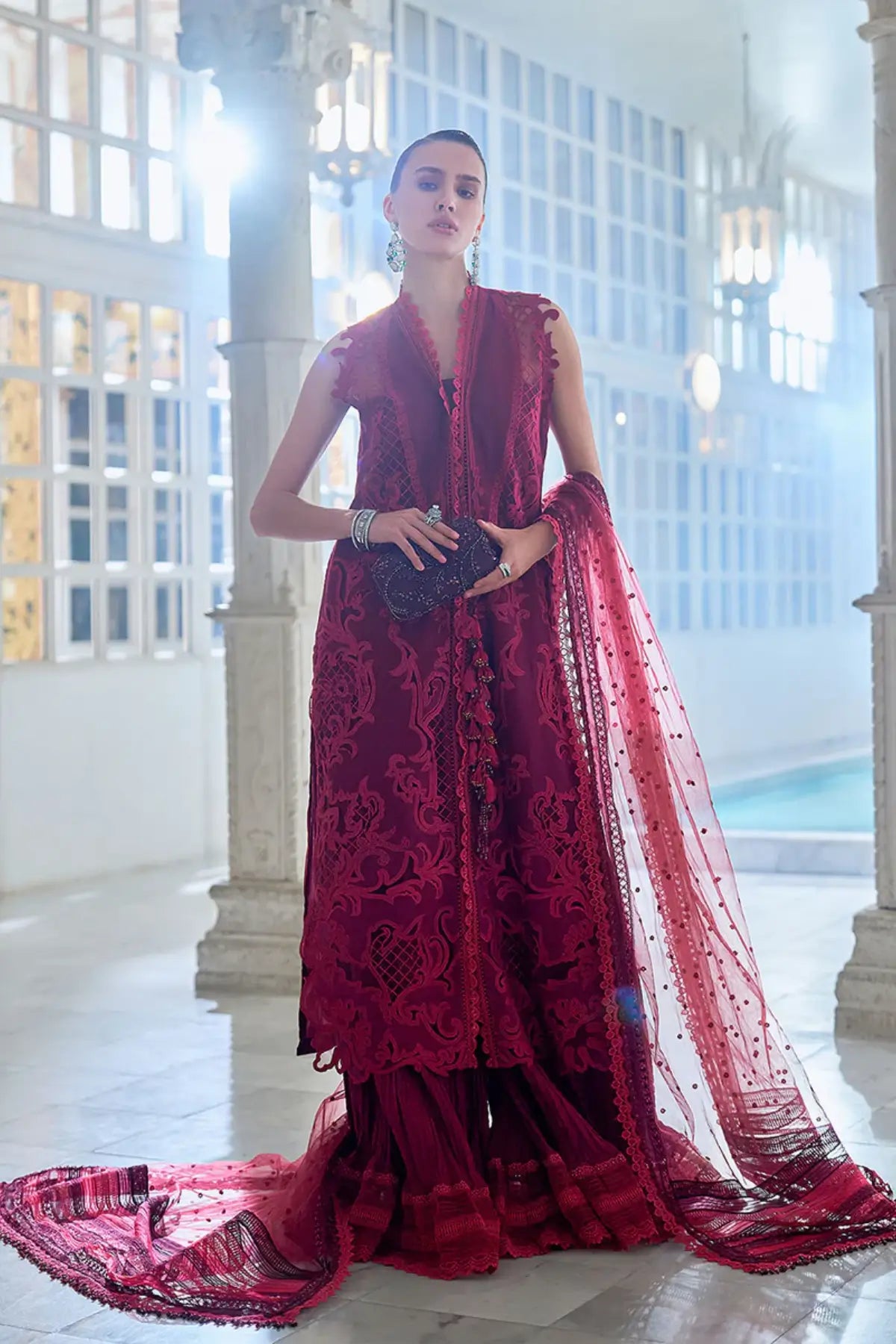 Designer wine red lawn stitched 3PC suit LEE26-5A by Sobia Nazir at Pakistanimoda