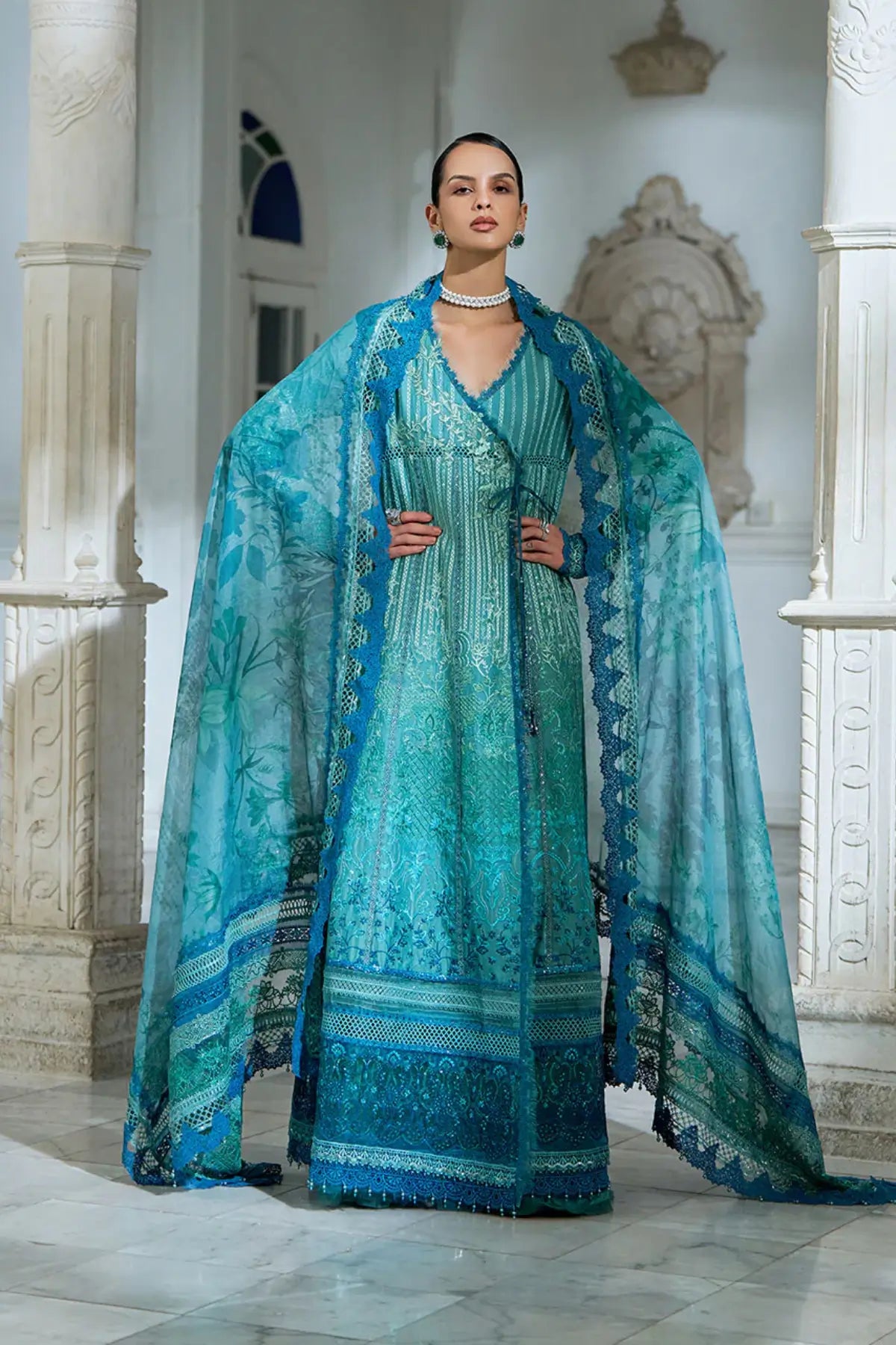 Designer ocean blue lawn stitched 3PC LEE26-6A by Sobia Nazir available at Pakistanimoda