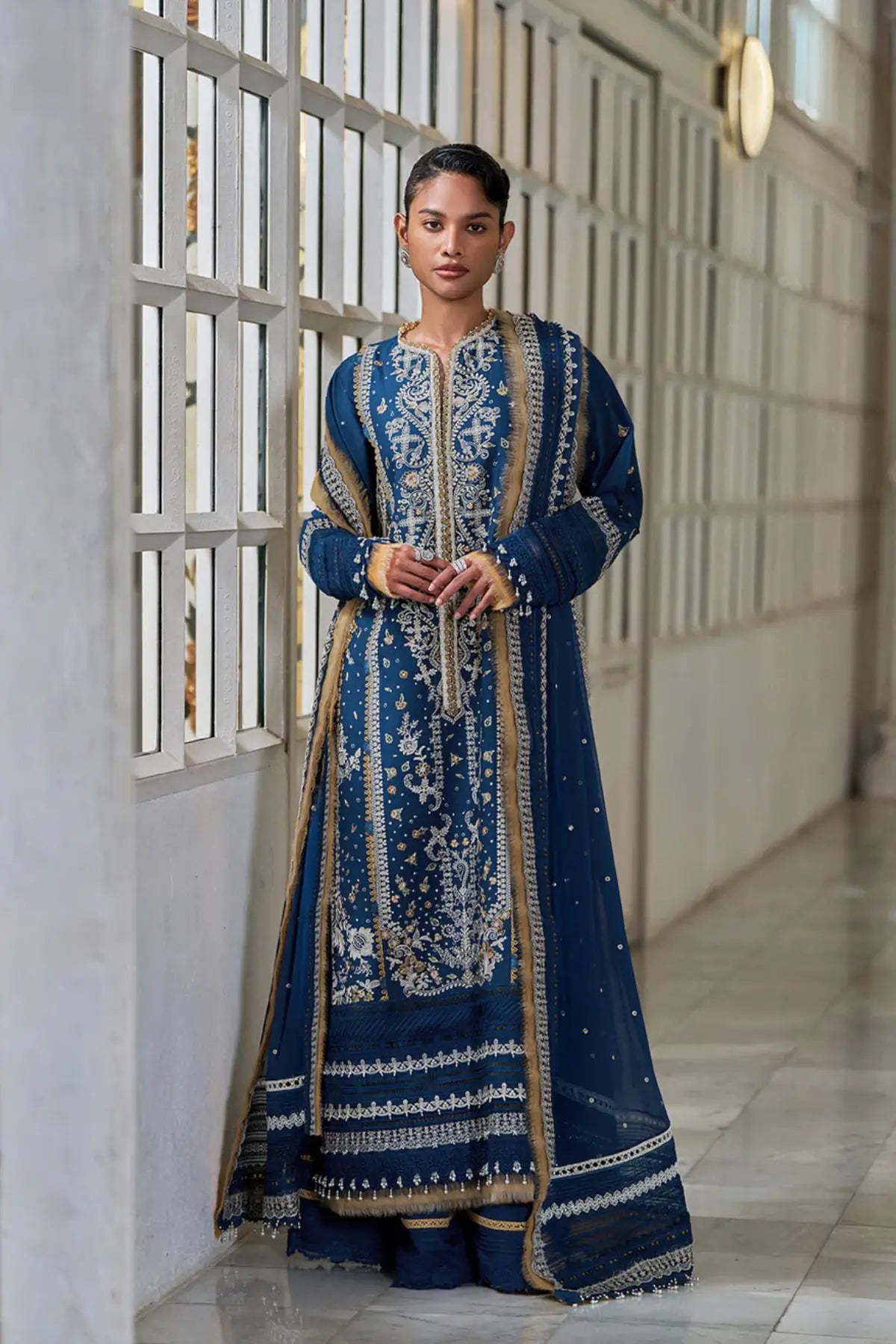 Luxury blue lawn suit LEE26-8A by Sobia Nazir available stitched at Pakistanimoda with chiffon dupatta