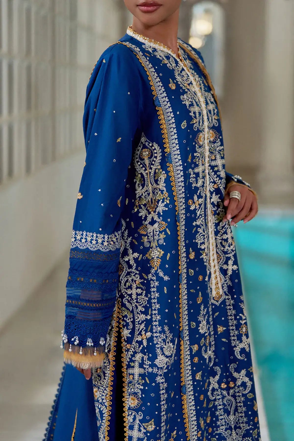 Luxury blue lawn suit LEE26-8A by Sobia Nazir available stitched at Pakistanimoda with chiffon dupatta
