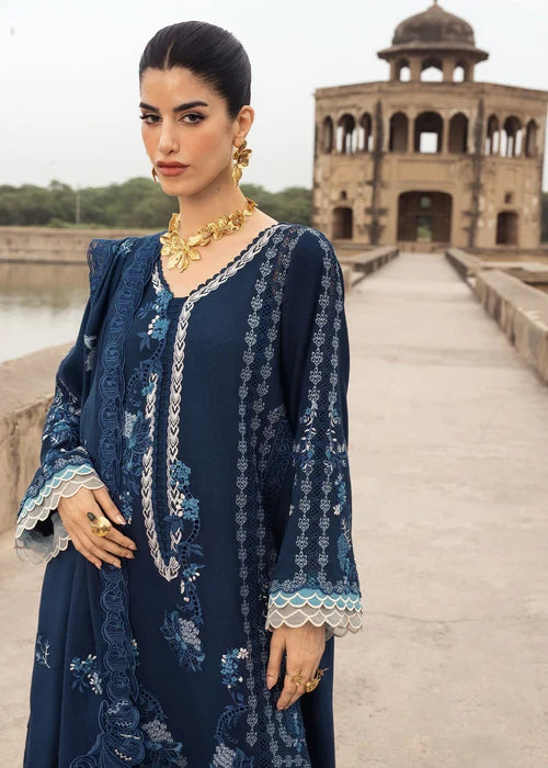 Saira Shakira LILA-1A navy blue embroidered karandi winter suit with wool shawl at Pakistanimoda.