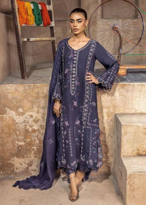 Saira Shakira LILA-1B purple stitched karandi suit with embroidered wool shawl at Pakistanimoda.