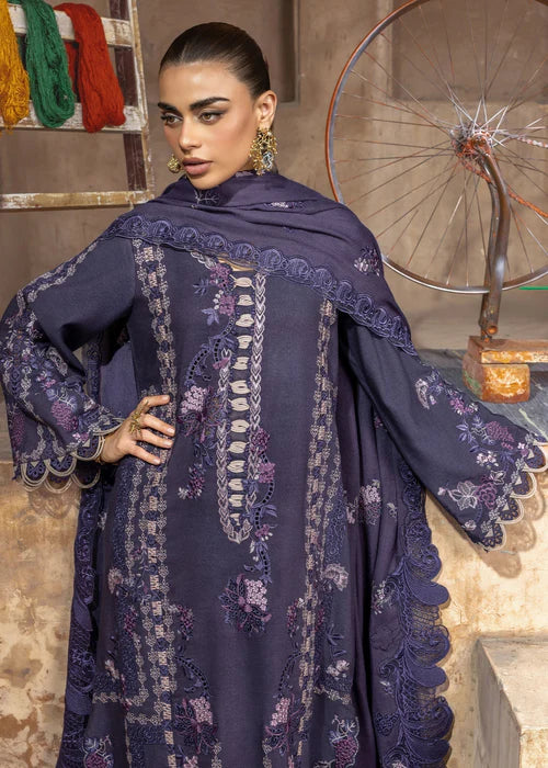 Saira Shakira LILA-1B purple stitched karandi suit with embroidered wool shawl at Pakistanimoda.
