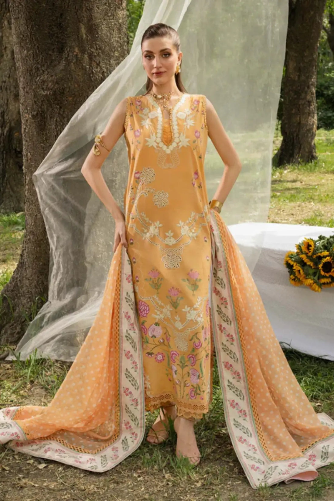 LILY 1B mustard Saira Shakira Bloom lawn stitched 3PC suit with monar dupatta